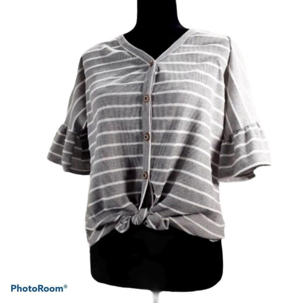 7th Ray Gray Striped Waffle Knit Top Tied Waist 🔥2 for $20🔥